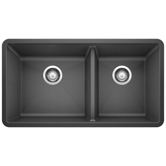 BLANCO Precis SILGRANIT 33" 60/40 Double Bowl Undermount Kitchen Sink top view with dual basins.
