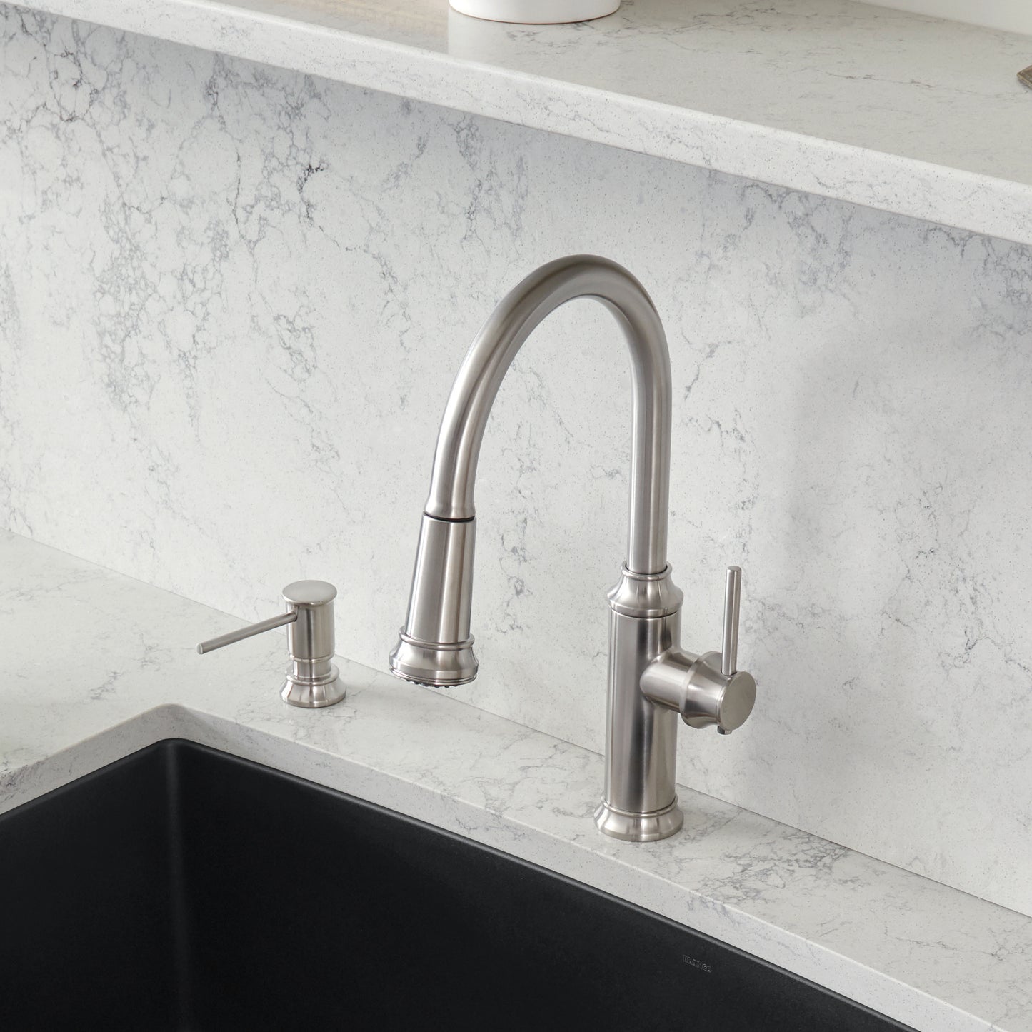 BLANCO Empressa High Arc Pull-Down Dual-Spray Kitchen Faucet with elevated spout design and sleek stainless steel finish.