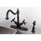 Kingston KS1238BEXBS Essex Two-Handle Kitchen Faucet with Brass Sprayer, Brushed Nickel in a vintage setting.