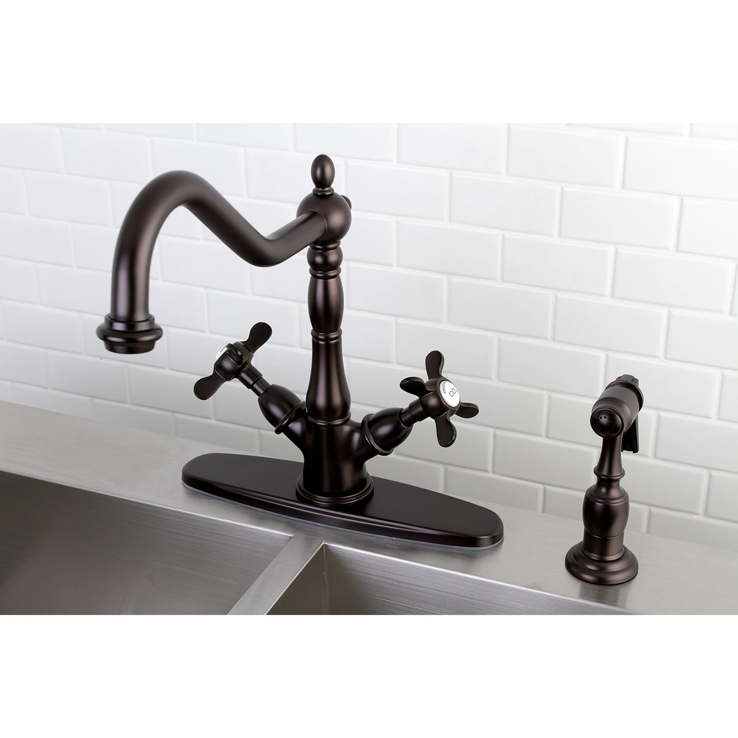 Kingston KS1238BEXBS Essex Two-Handle Kitchen Faucet with Brass Sprayer, Brushed Nickel in a vintage setting.