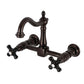 Kingston KS1263PKX Duchess Two-Handle Wall Mount Bridge Kitchen Faucet, Antique Brass with black porcelain handles