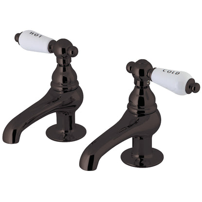 Kingston Brass CC3L8 Vintage Basin Tap Faucet with Porcelain Lever Handle in black finish with hot and cold taps.