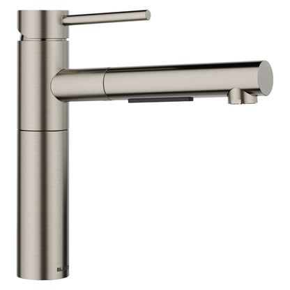 BLANCO Alta II Low Arc Pull-Out Dual-Spray Kitchen Faucet in modern stainless steel finish.