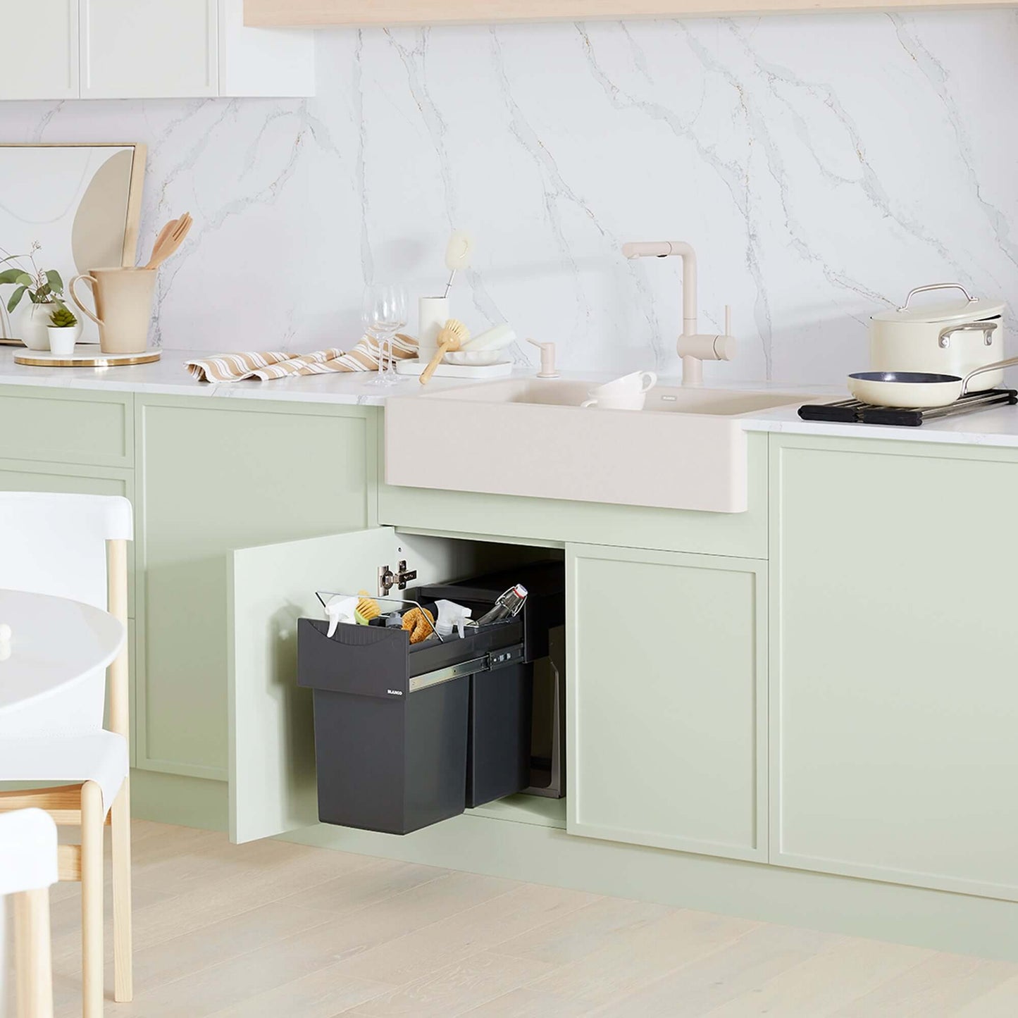 BLANCO VINTERA 30" SILGRANIT Single Bowl Farmhouse Sink in a contemporary kitchen with drawer and accessories.