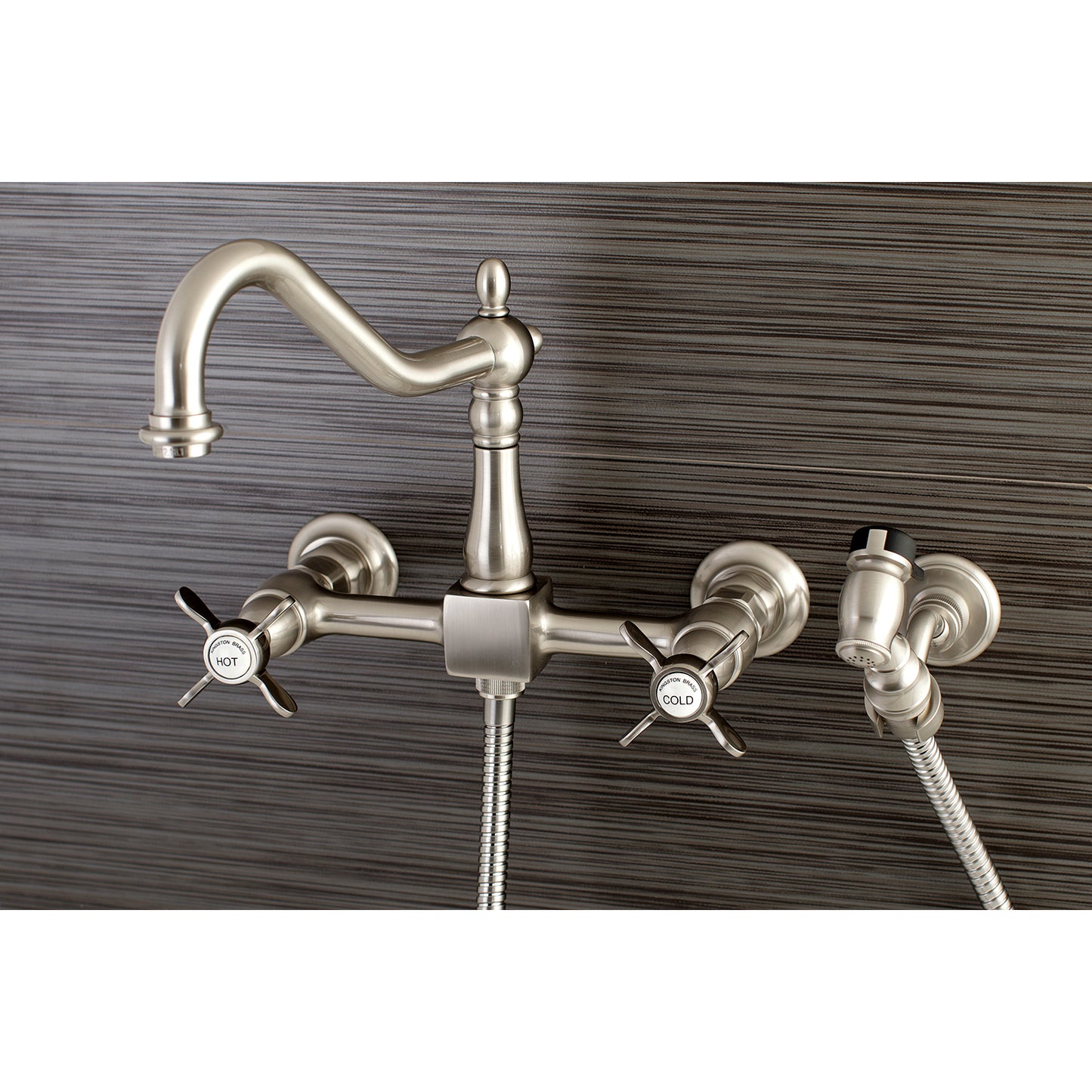 Kingston KS1248BEXBS Essex Two-Handle Wall Mount Bridge Kitchen Faucet with Brass Sprayer, Brushed Nickel