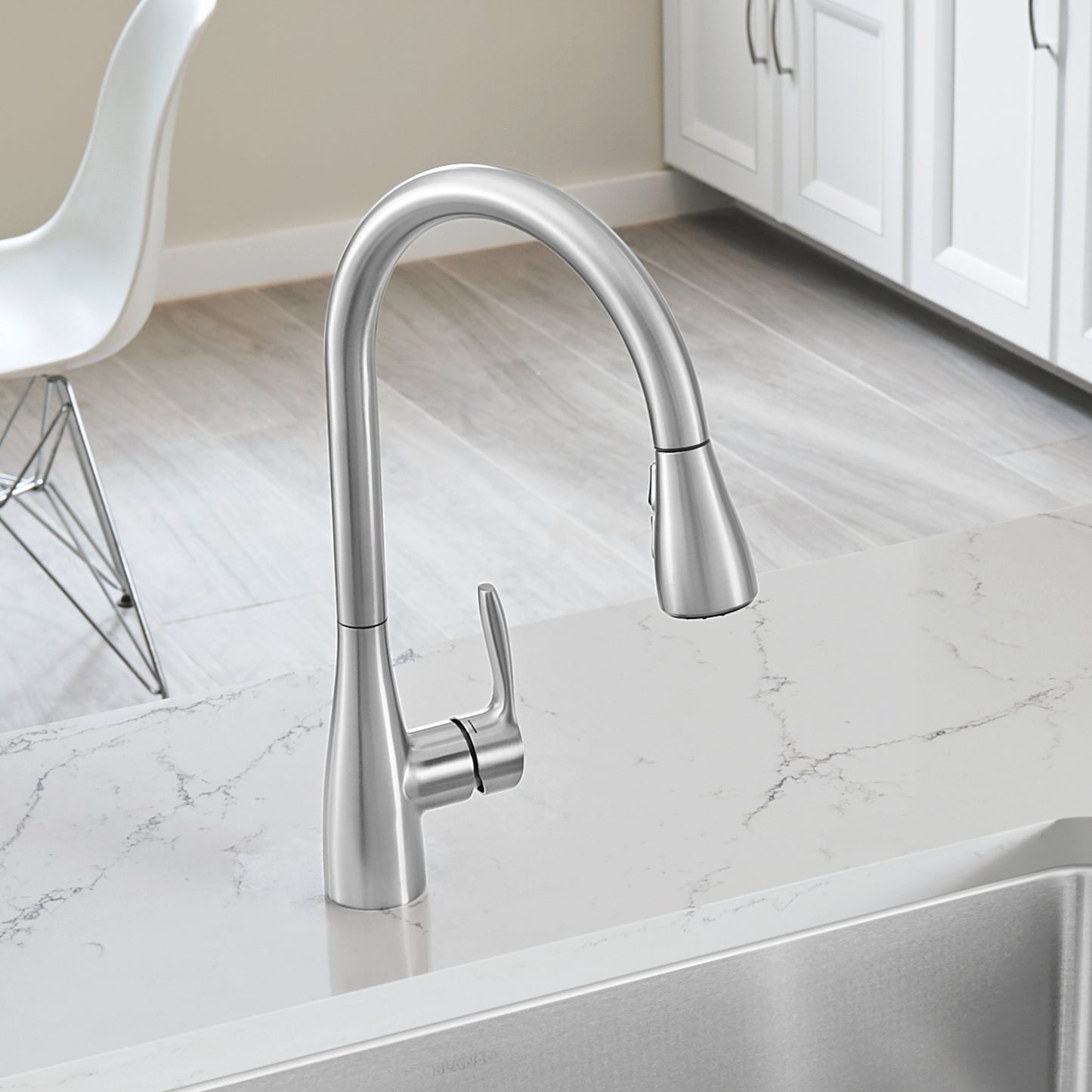 BLANCO Atura Pull-Down Dual-Spray Kitchen Faucet in modern silver finish with high-arc spout design.