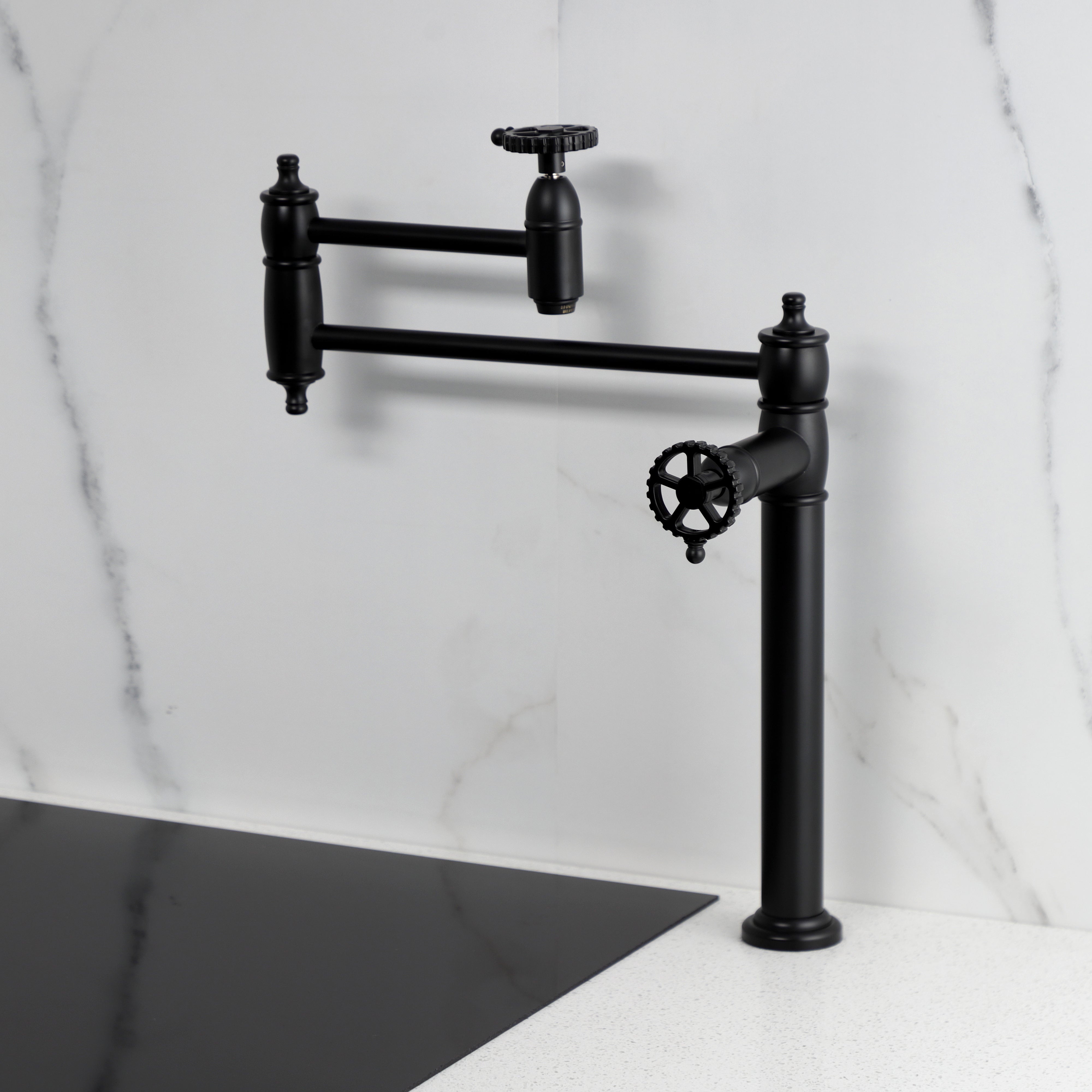Kingston Brass KS3703CG Fuller Deck Mount Pot Filler Faucet, Antique Brass with elegant design and foldable swing arms.