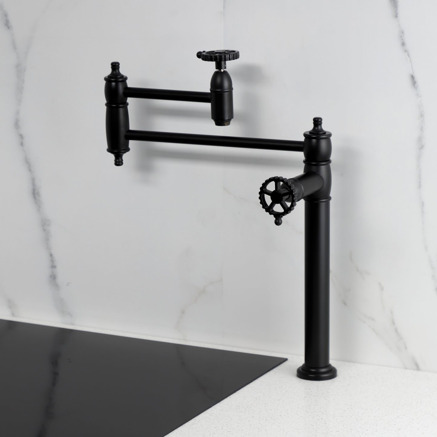 Kingston Brass KS3703CG Fuller Deck Mount Pot Filler Faucet, Antique Brass with elegant design and foldable swing arms.