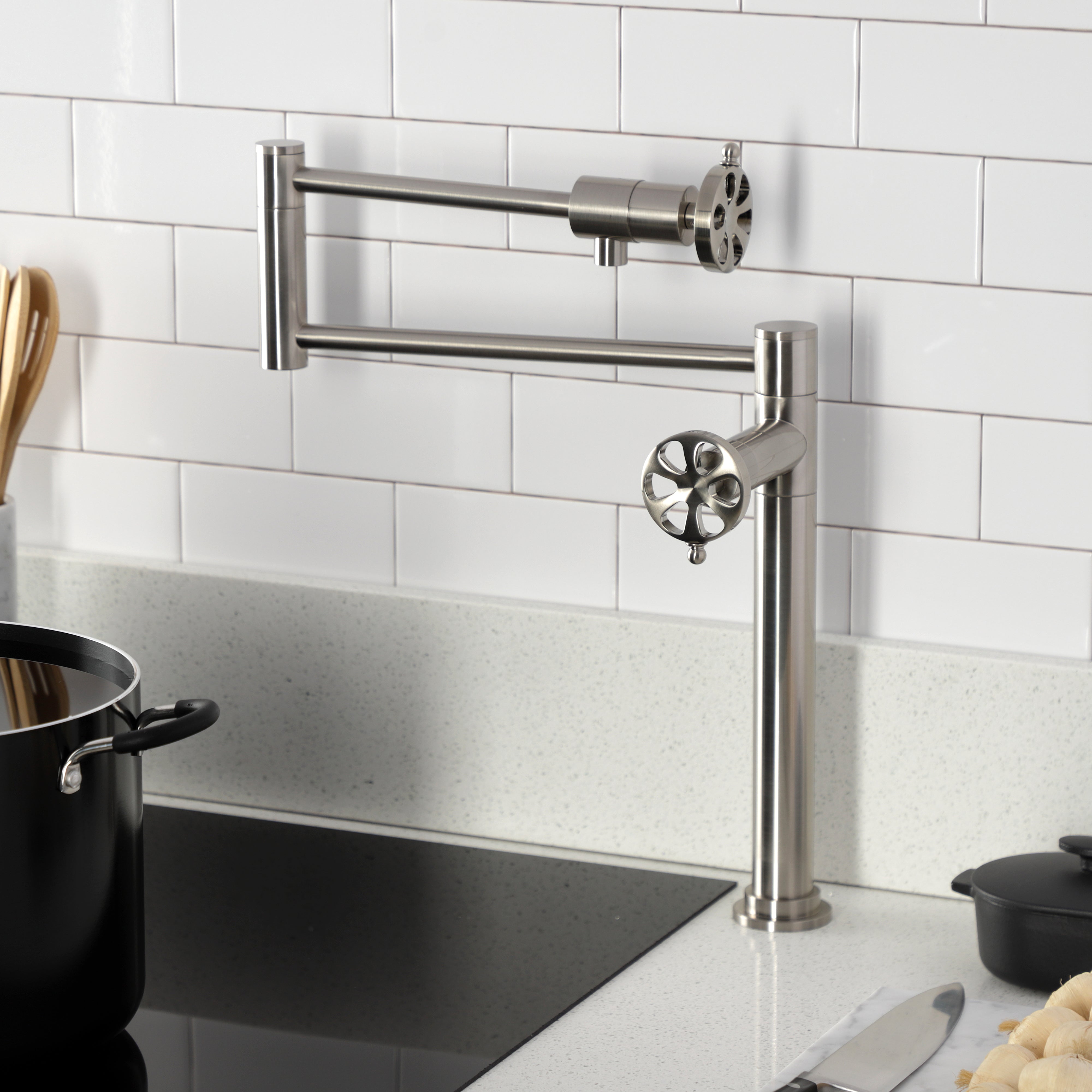 Kingston Brass KS4708RX Belknap Deck Mount Pot Filler Faucet, Brushed Nickel in modern kitchen setting