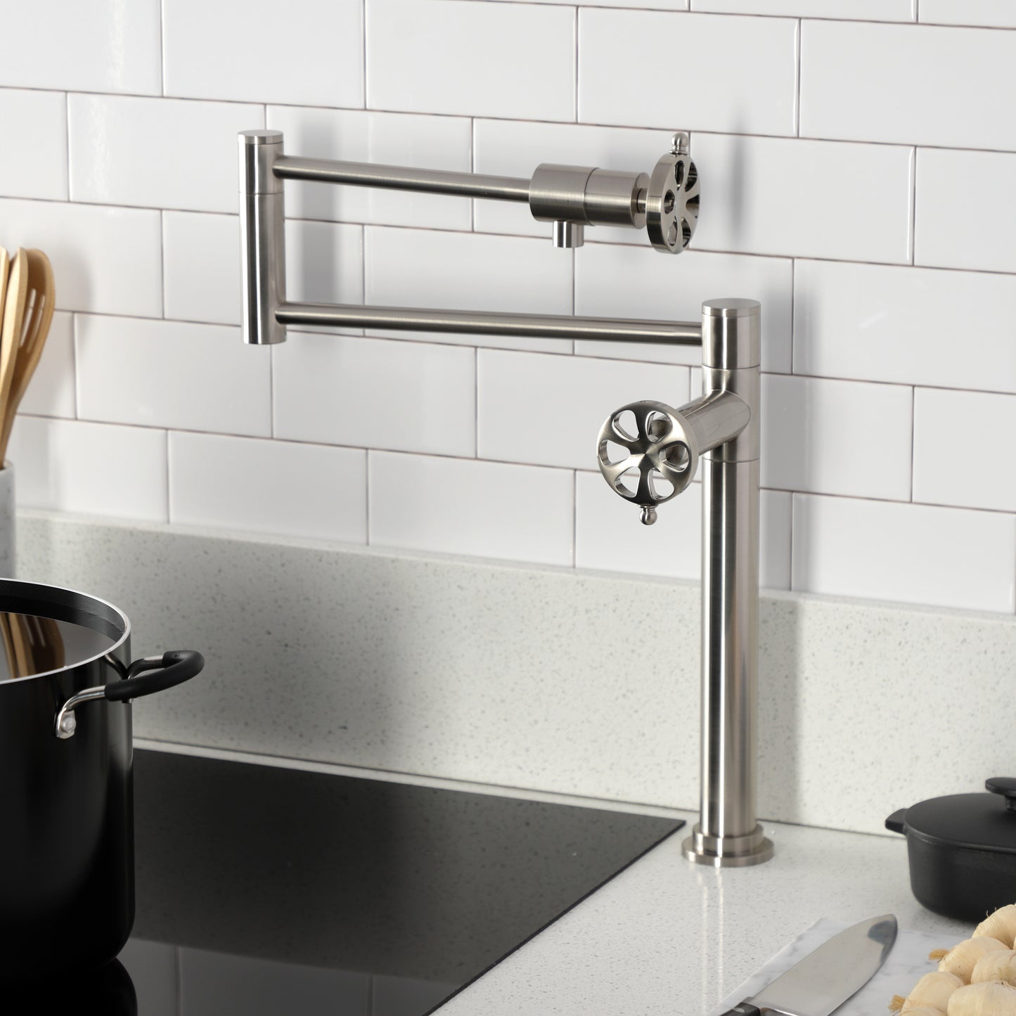 Kingston Brass KS4708RX Belknap Deck Mount Pot Filler Faucet, Brushed Nickel in modern kitchen setting