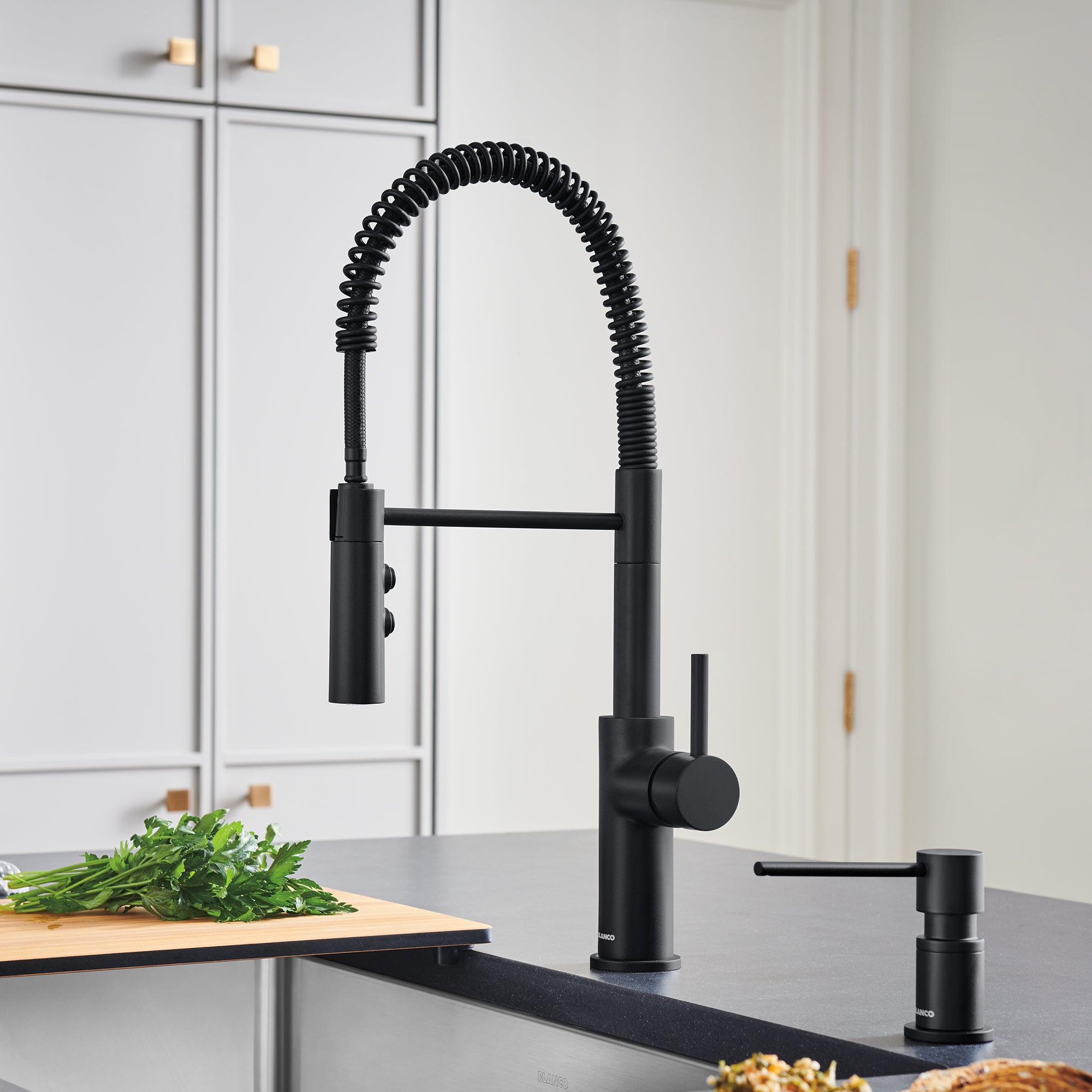 BLANCO Catris Semi-Pro Pull-Down Dual-Spray Kitchen Faucet in sleek black finish with spring-coil design.