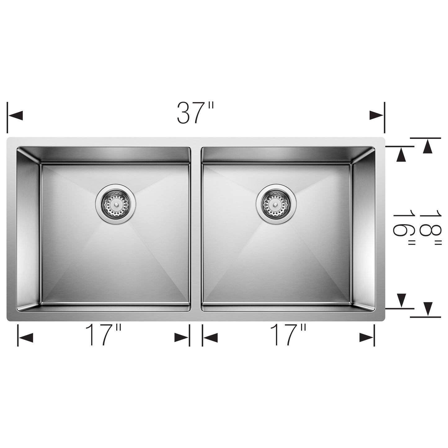BLANCO Precision R10 37" 50/50 Double Bowl Undermount Stainless Steel Kitchen Sink dimensions and design.