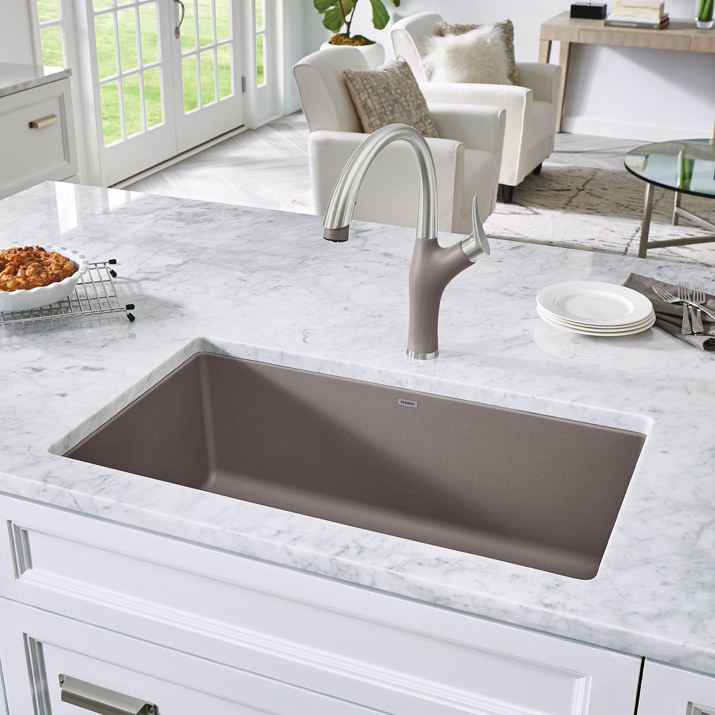 BLANCO Precis SILGRANIT 30" Single Bowl Undermount Kitchen Sink in a modern kitchen setting.