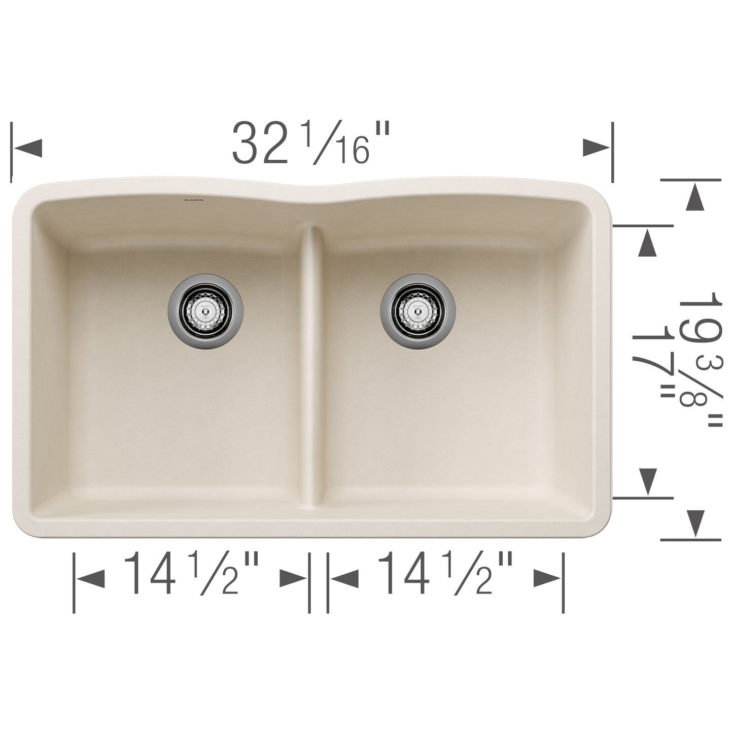 BLANCO Diamond SILGRANIT 32" 50/50 Double Bowl Undermount Kitchen Sink with Low Divide dimensions and layout overview