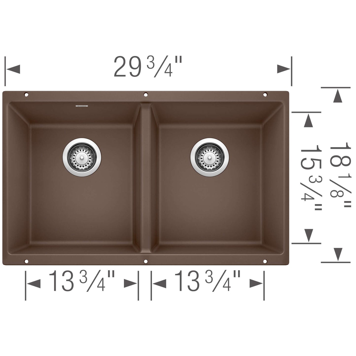 BLANCO Precis SILGRANIT 29" 50/50 Double Bowl Undermount Kitchen Sink dimensions and features image.