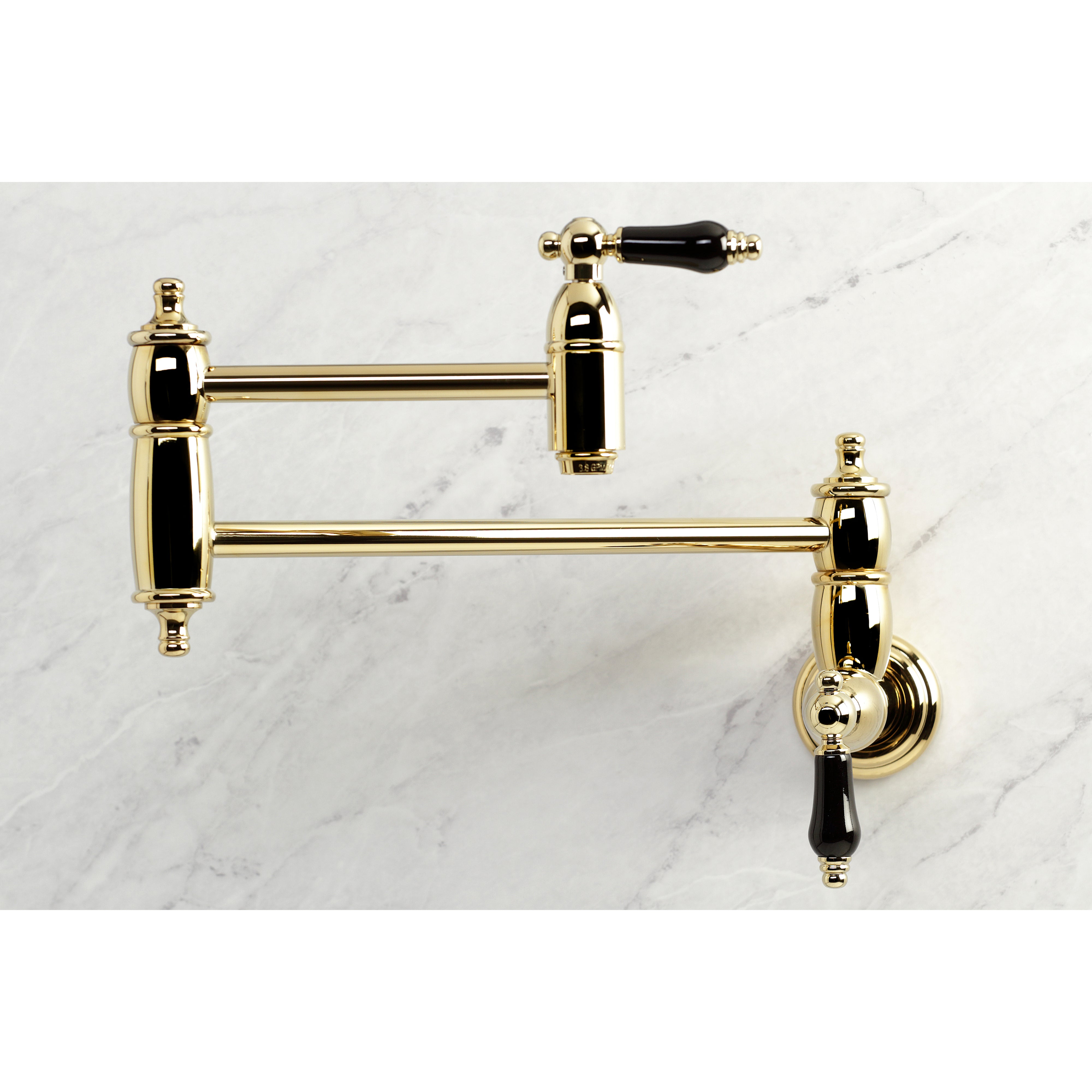 Kingston Brass KS3103PKL Duchess Wall Mount Pot Filler Faucet, Antique Brass with black porcelain handles