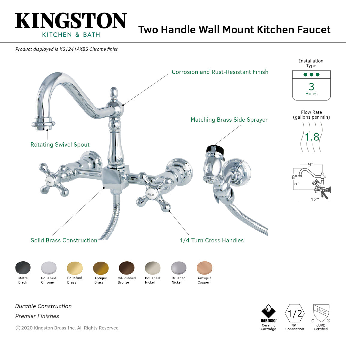 Kingston KS1243AXBS Heritage Two-Handle Wall Mount Bridge Kitchen Faucet with Brass Sprayer, Antique Brass