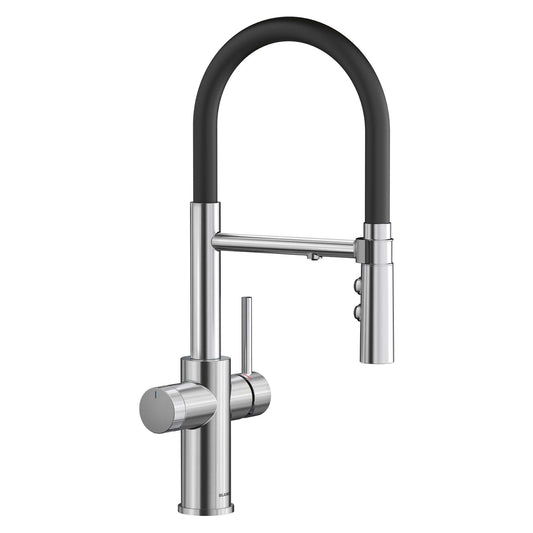 BLANCO Catris Flexo Filter-Ready Semi-Pro Pull-Down Dual-Spray Kitchen Faucet in polished chrome and black design.