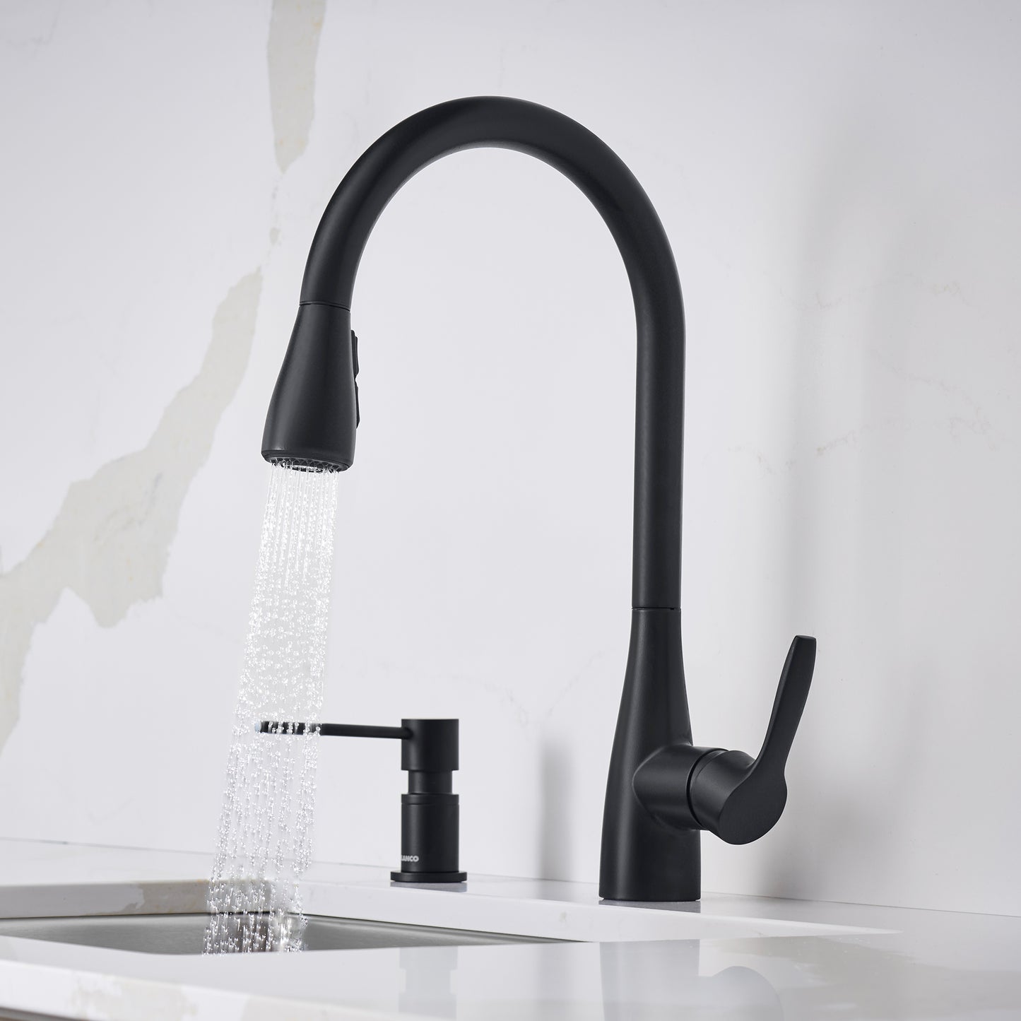BLANCO Atura Pull-Down Dual-Spray Kitchen Faucet in black finish with streamlined design and high-arc spout.