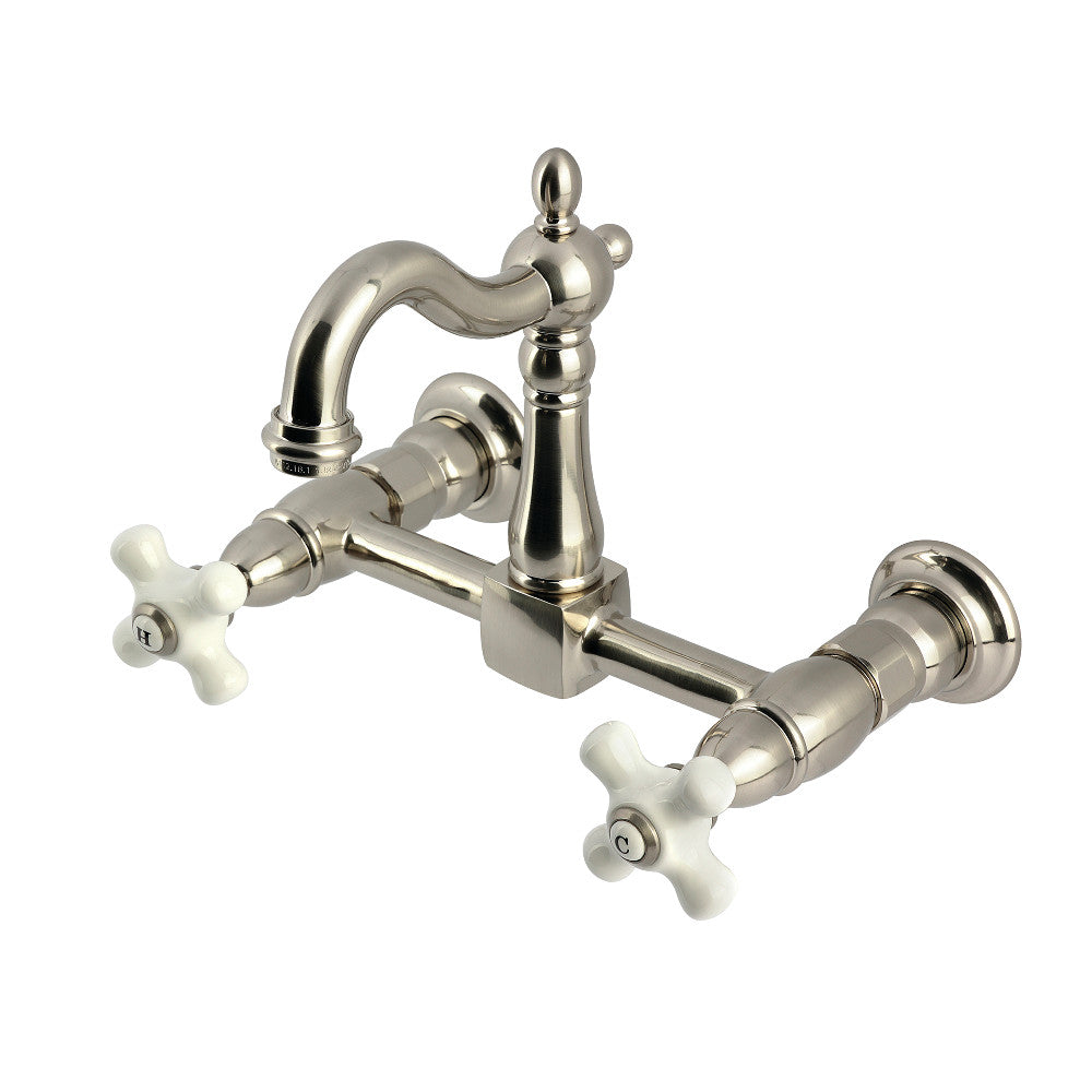 Kingston KS2443PX Heritage Two-Handle Wall Mount Bridge Kitchen Faucet, Antique Brass with porcelain cross handles