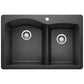 BLANCO Diamond SILGRANIT 33" 60/40 Double Bowl Dual Mount Kitchen Sink with asymmetrical bowl design.