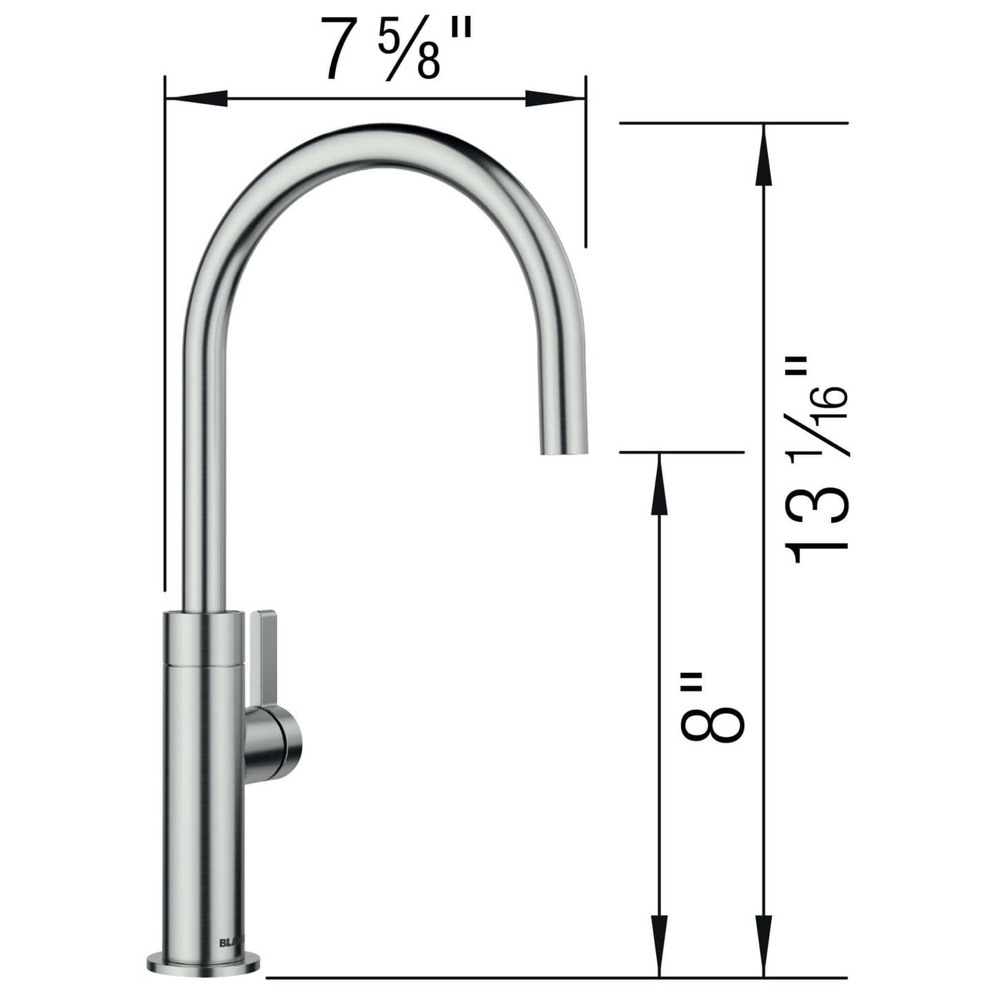 BLANCO Culina II High Arc Beverage Faucet Compatible with Reverse Osmosis Systems dimensions and design view.