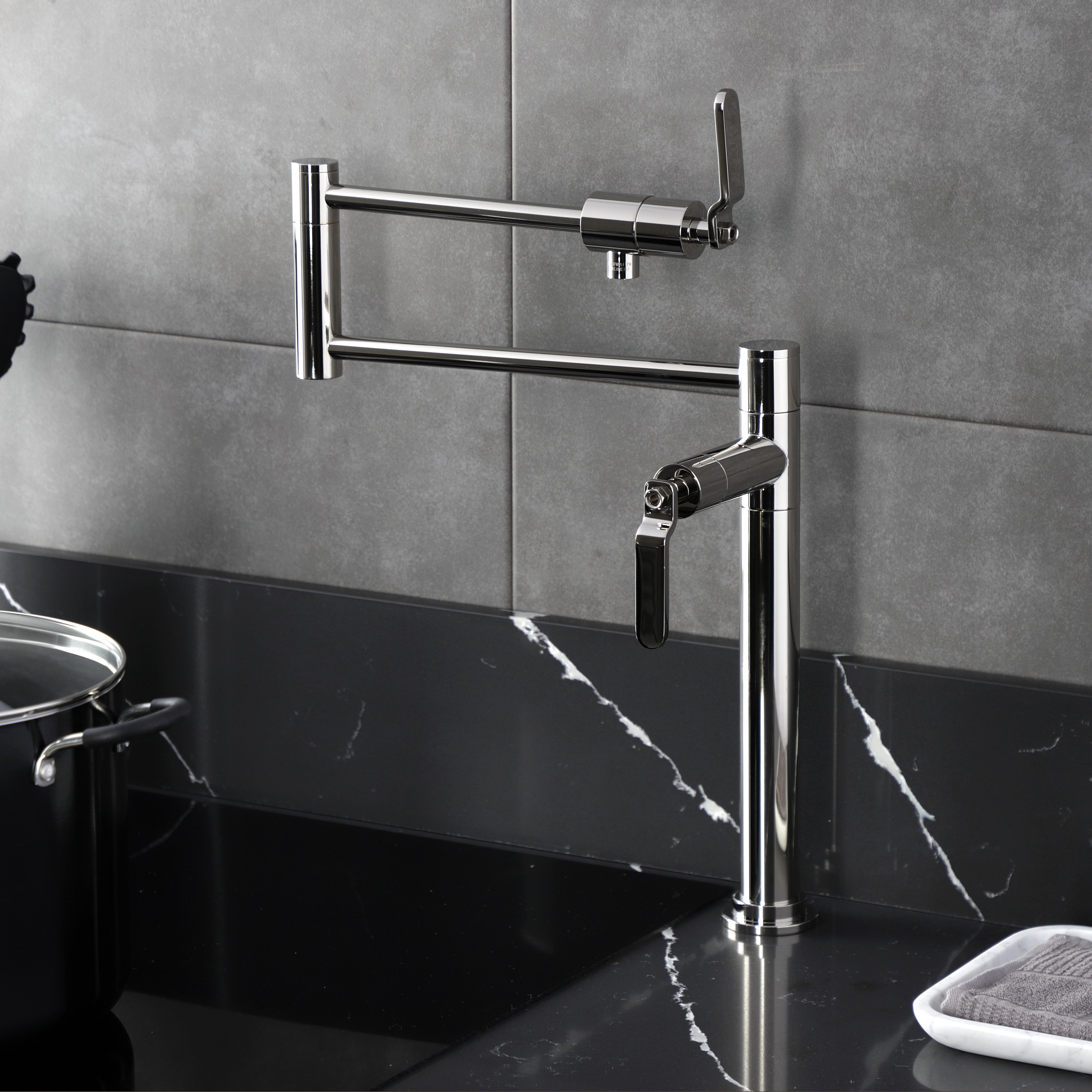 Kingston Brass KS4703KL Whitaker Deck Mount Pot Filler Faucet, Antique Brass with sleek design and foldable swing arms.