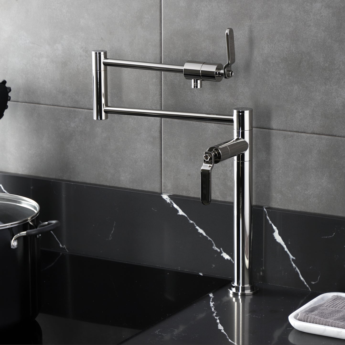 Kingston Brass KS4703KL Whitaker Deck Mount Pot Filler Faucet, Antique Brass with sleek design and foldable swing arms.