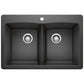 BLANCO Diamond SILGRANIT 33" 50/50 Double Bowl Dual Mount Kitchen Sink in black finish.