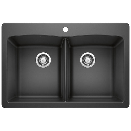 BLANCO Diamond SILGRANIT 33" 50/50 Double Bowl Dual Mount Kitchen Sink in black finish.