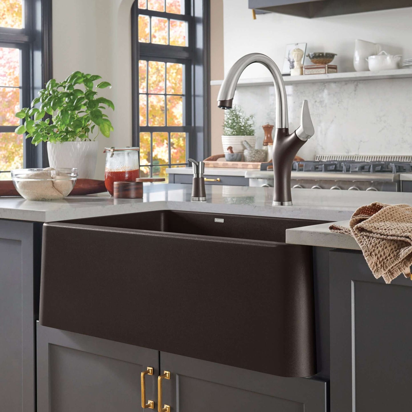 BLANCO Ikon SILGRANIT 33" Single Bowl Apron-Front Farmhouse Sink showcased in a modern kitchen setting.
