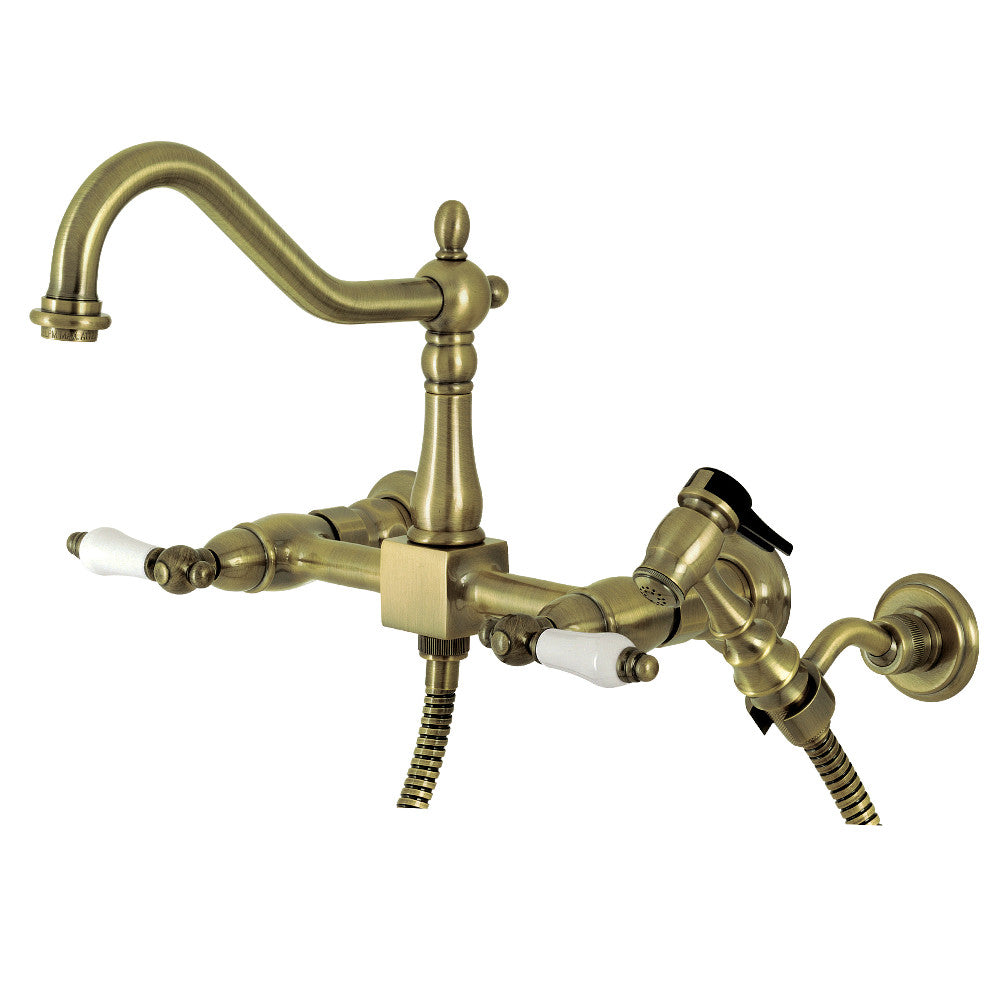 Kingston KS1243PLBS Heritage Two-Handle Wall Mount Bridge Kitchen Faucet with Brass Sprayer, Antique Brass