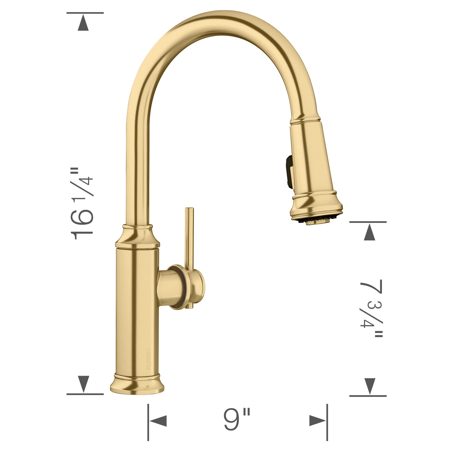 BLANCO Empressa High Arc Pull-Down Dual-Spray Kitchen Faucet dimensions showing height and reach for a stylish kitchen upgrade.