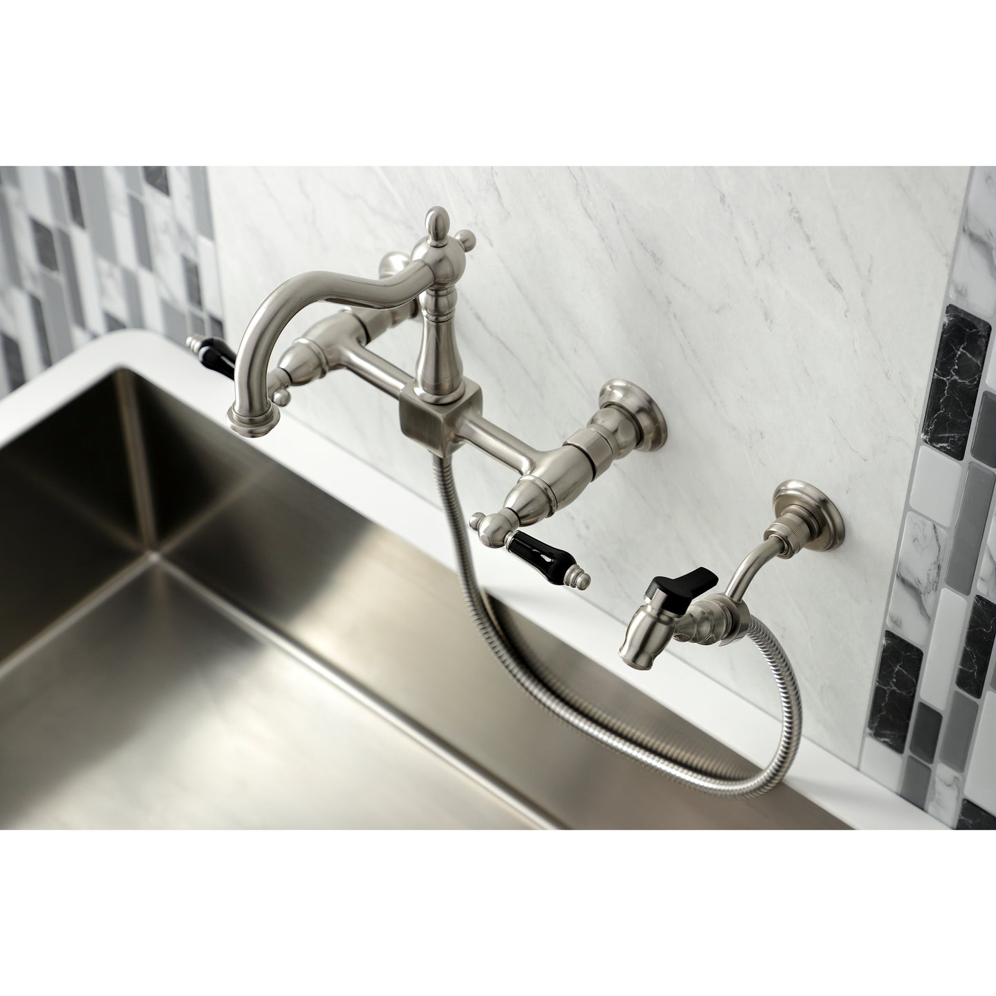 Kingston KS1263PKLBS Duchess Two-Handle Wall Mount Bridge Kitchen Faucet with Brass Sprayer, Antique Brass