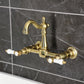 Kingston KS2443BPL Bel-Air Two-Handle Wall Mount Bridge Kitchen Faucet, Antique Brass on stylish wall tiles.