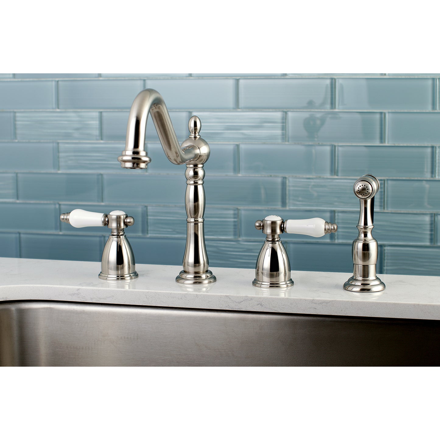 Kingston Brass KB1793BPLBS Bel-Air Double-Handle Widespread Kitchen Faucet with Brass Sprayer, Antique Brass