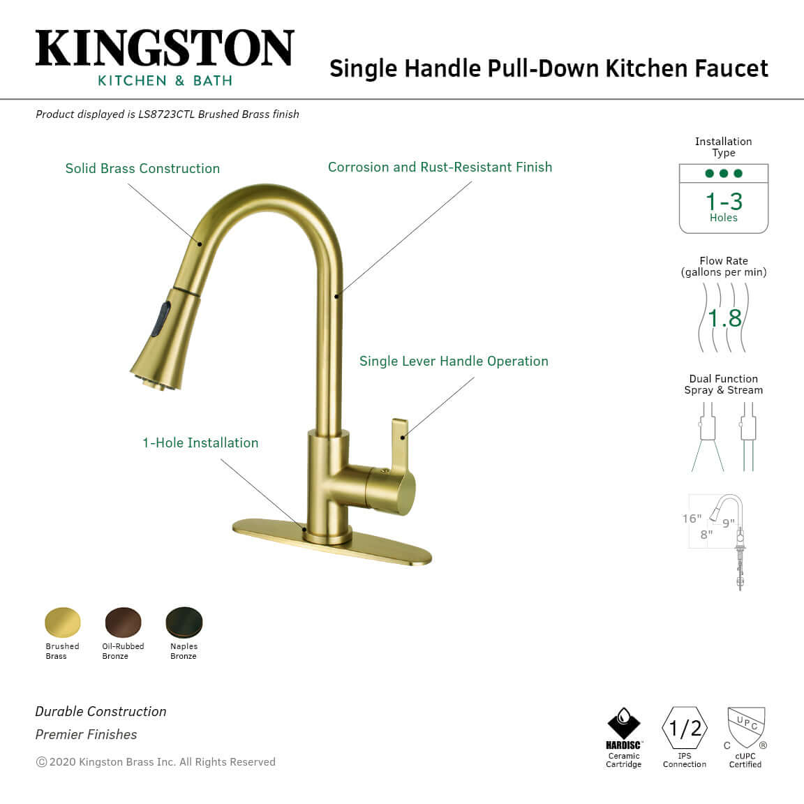 Kingston Brass LS8723CTL Continental Pull-Down Kitchen Faucet with curved spout and single handle operation