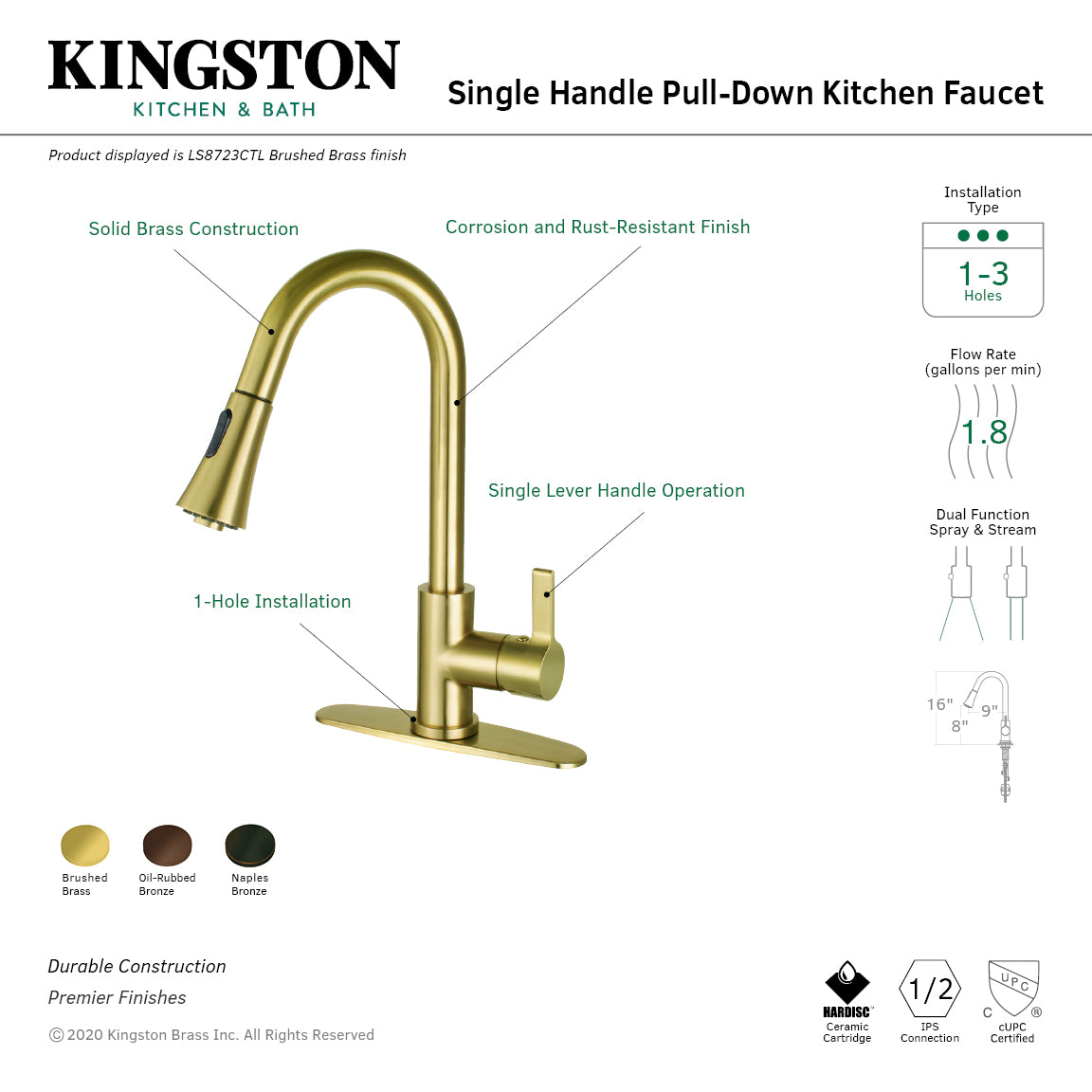 Kingston Brass LS8723CTL Continental Pull-Down Kitchen Faucet