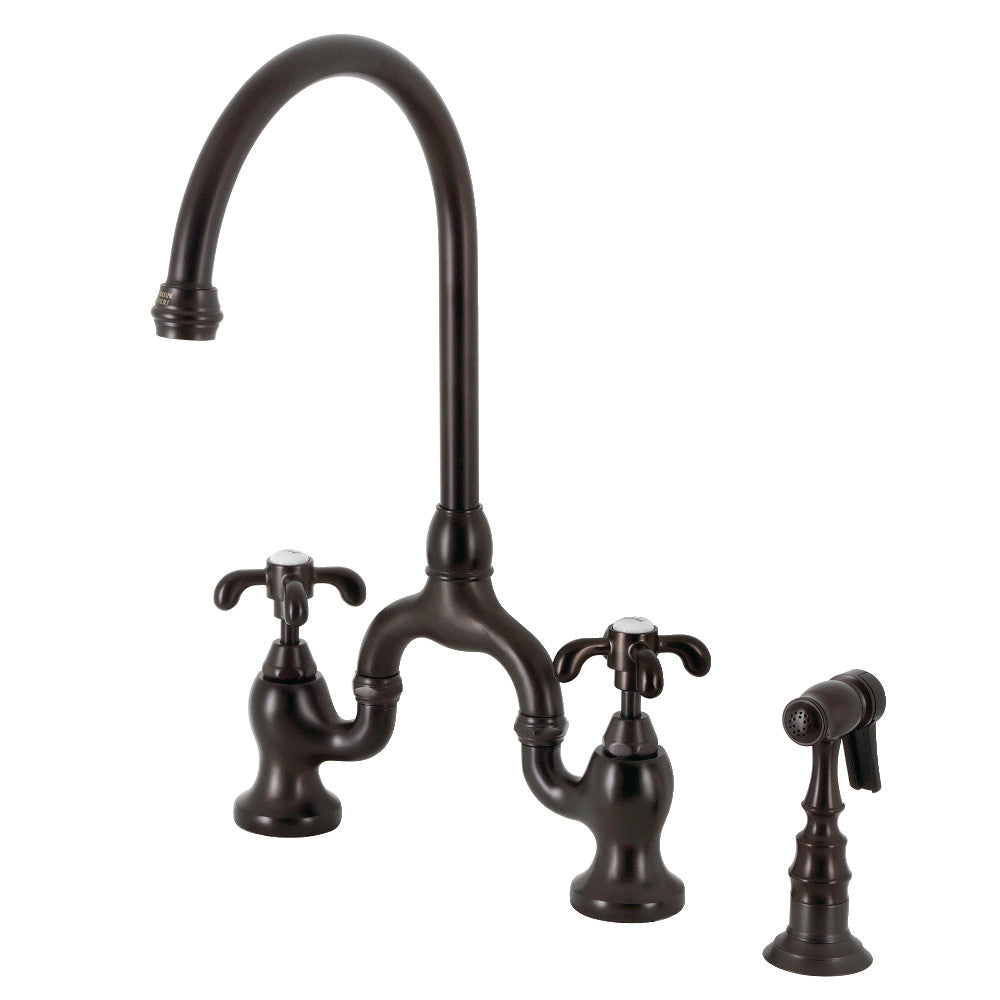 Kingston KS7793TXBS French Country Bridge Kitchen Faucet with Brass Sprayer, Antique Brass finish faucet.