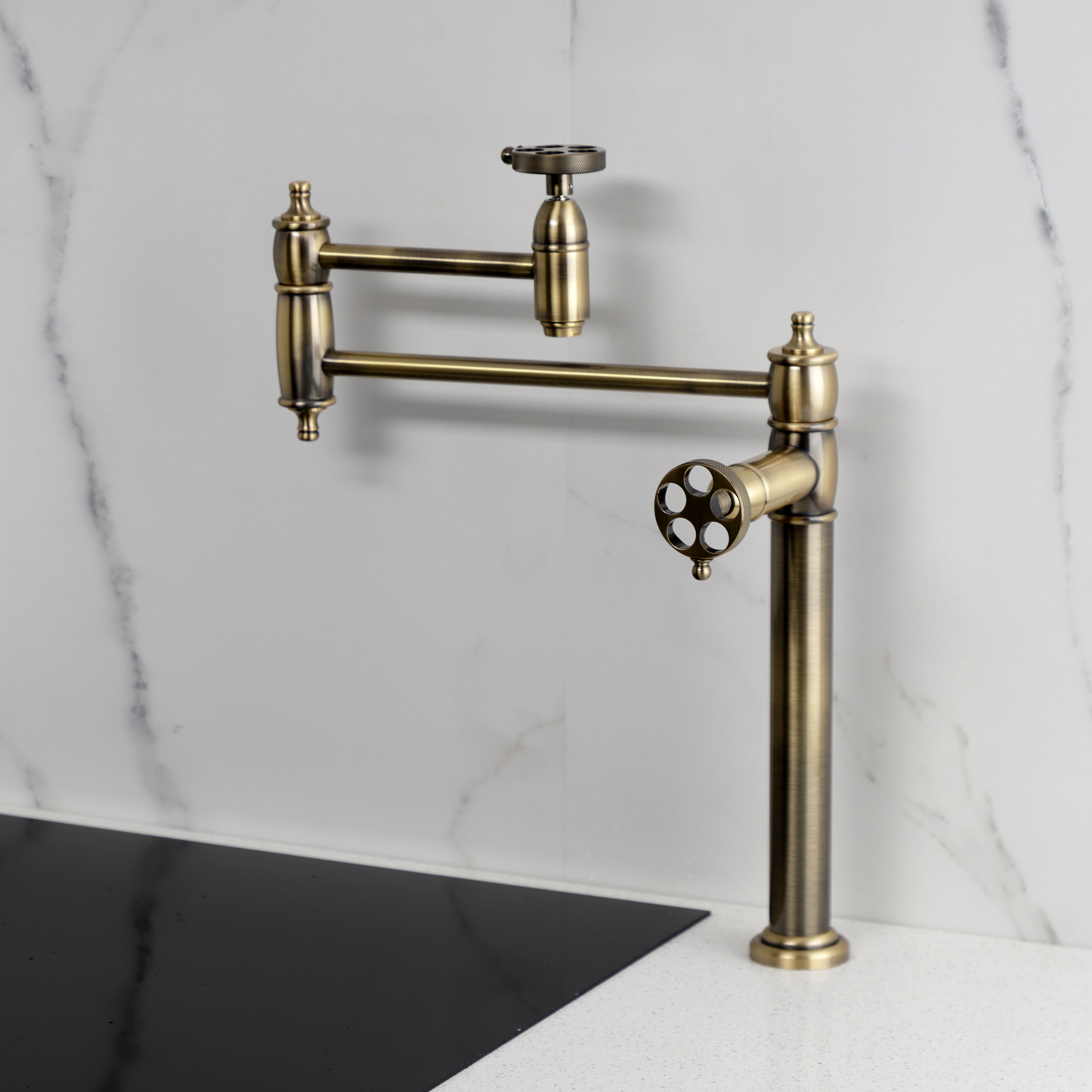 Kingston Brass KS3703RKZ Wendell Deck Mount Pot Filler Faucet with Knurled Handle, Antique Brass
