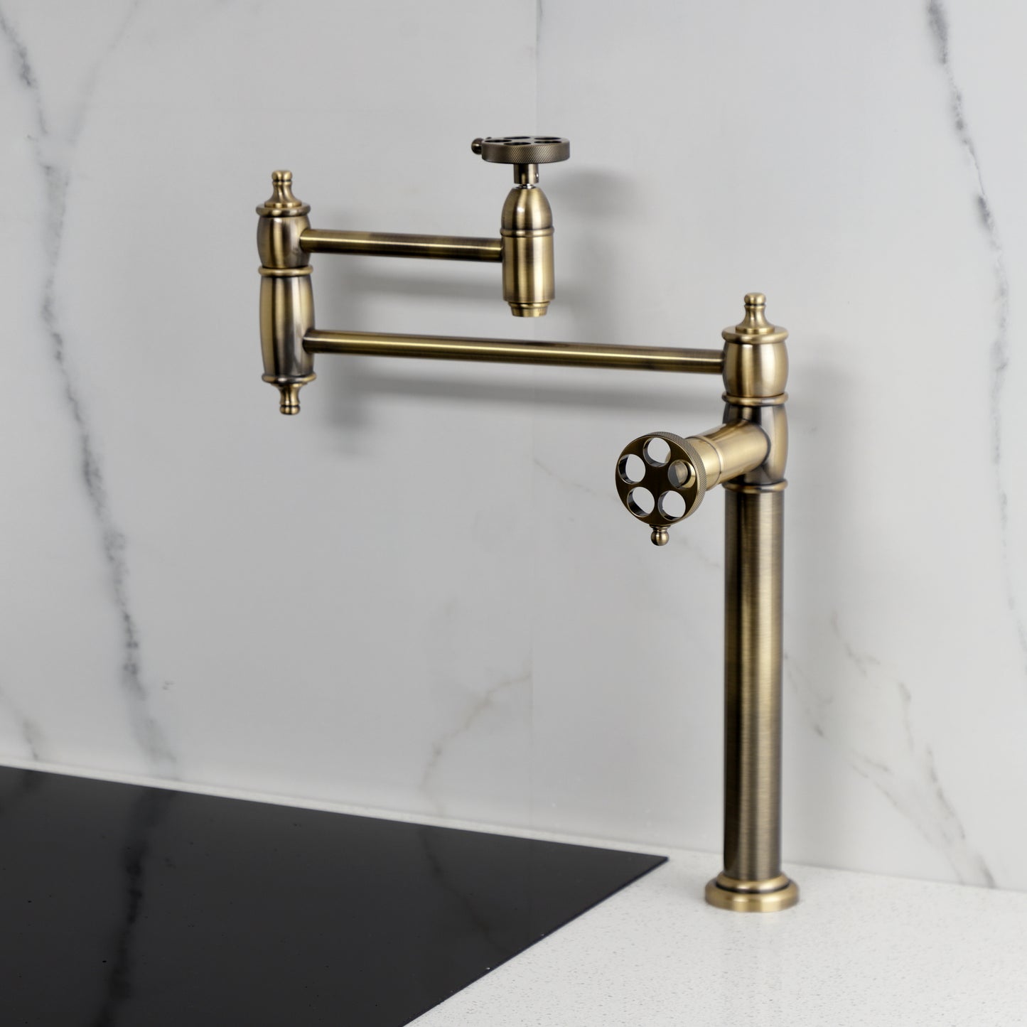 Kingston Brass KS3703RKZ Wendell Deck Mount Pot Filler Faucet with Knurled Handle, Antique Brass