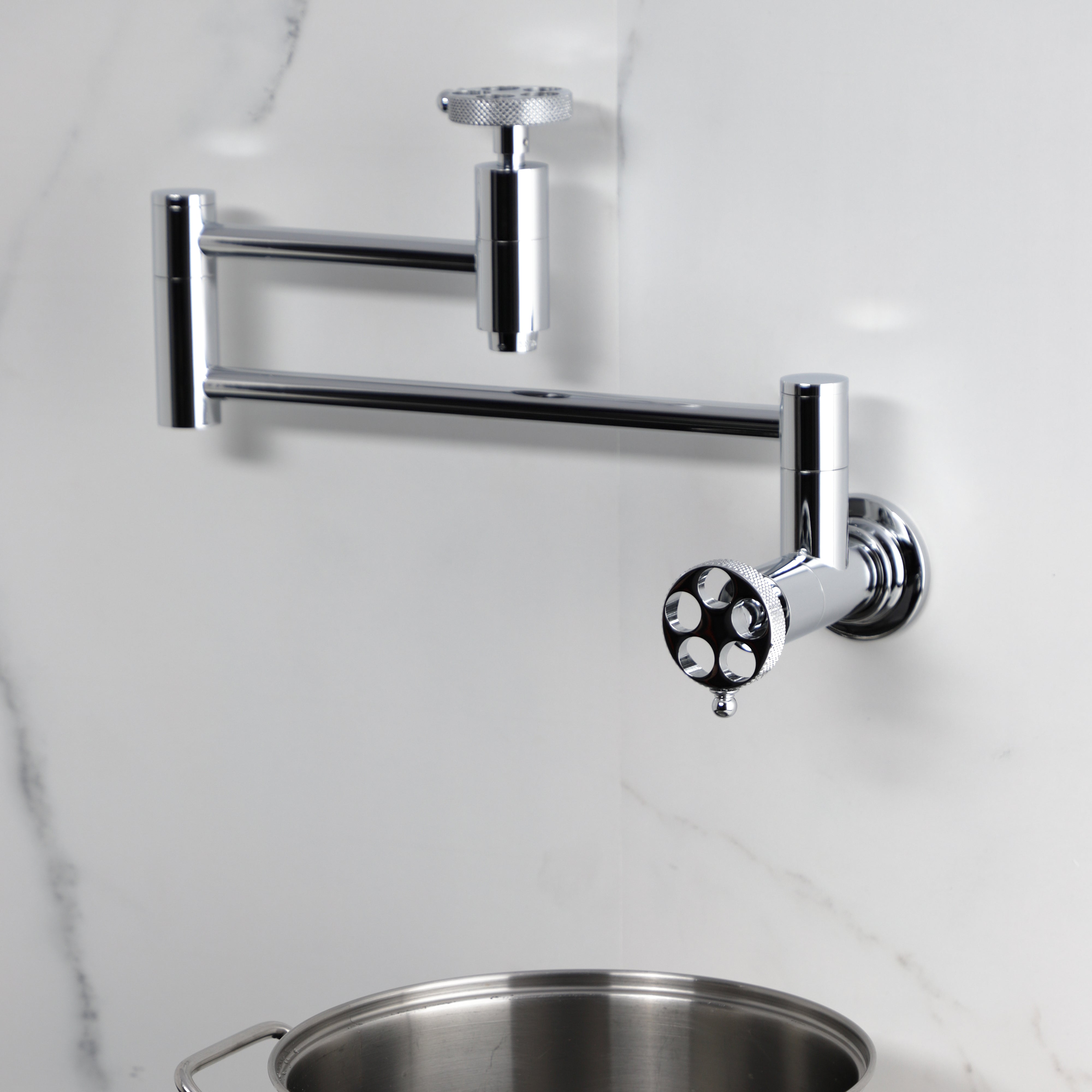 Kingston Brass KS8103RKX Webb Wall Mount Pot Filler Faucet with Knurled Handle, Antique Brass.