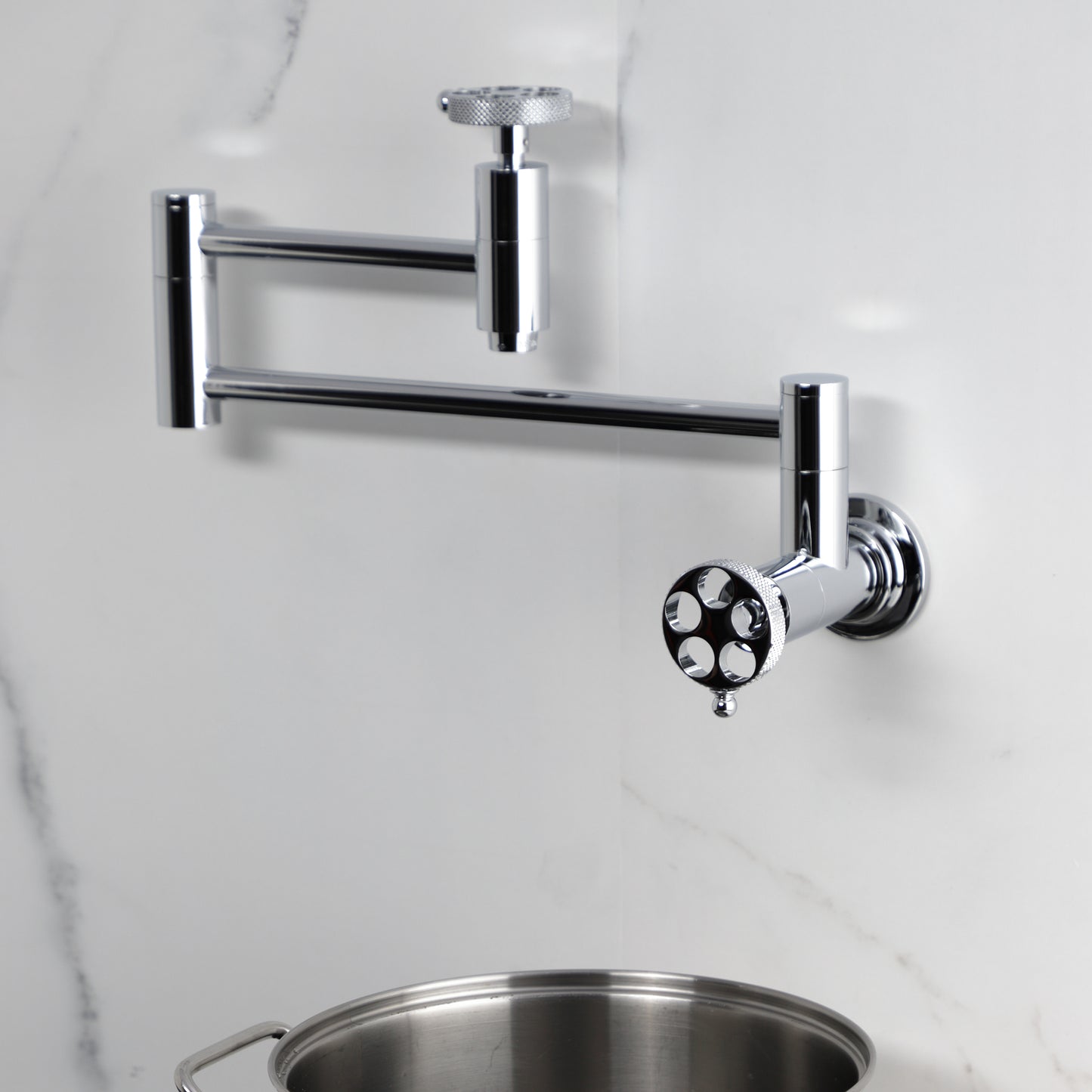 Kingston Brass KS8103RKX Webb Wall Mount Pot Filler Faucet with Knurled Handle, Antique Brass.