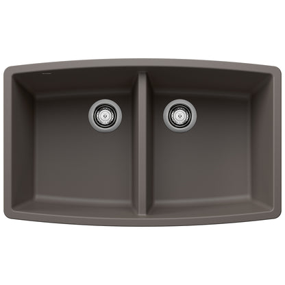 BLANCO Performa SILGRANIT 33" 50/50 Double Bowl Undermount Kitchen Sink in dark color with equal basins.