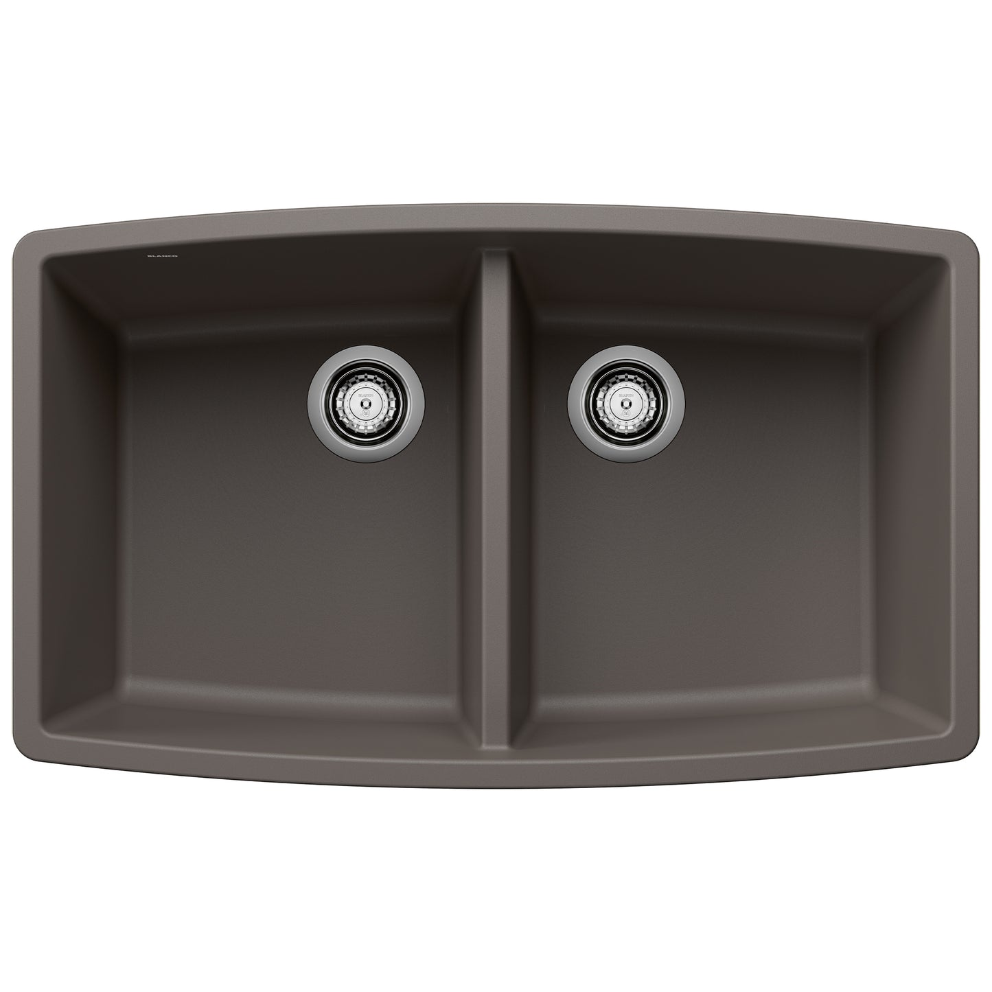 BLANCO Performa SILGRANIT 33" 50/50 Double Bowl Undermount Kitchen Sink in dark color with equal basins.