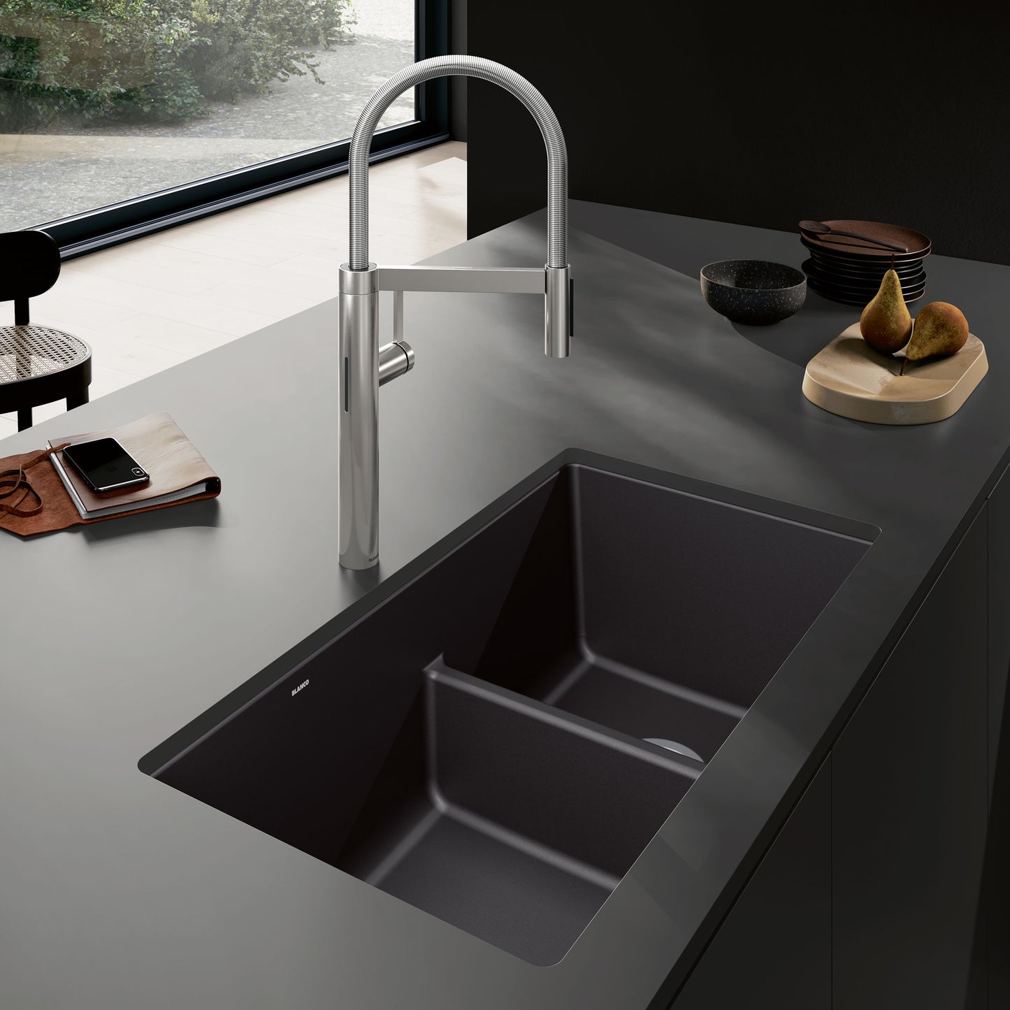 BLANCO Precis SILGRANIT 33" 60/40 Reversible Double Bowl Undermount Kitchen Sink with Low Divide in modern kitchen