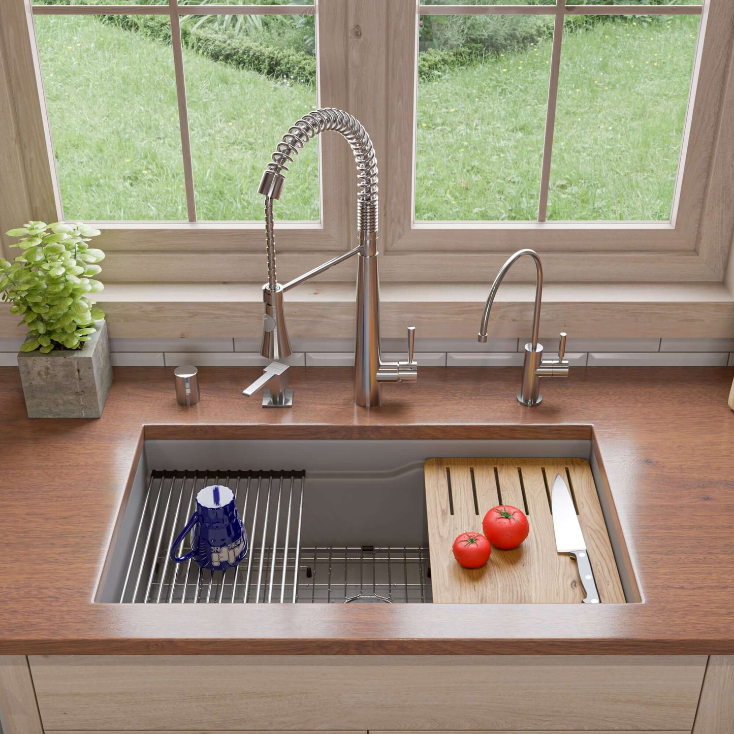 Alfi 32" Dual Mount Fireclay Workstation Kitchen Sink - ABFS3219SUD with cutting board, tomatoes, and modern faucet.
