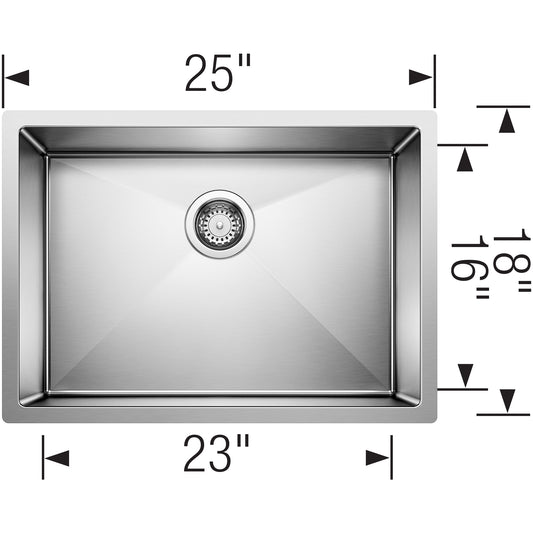 BLANCO Precision R10 25" Single Bowl Undermount Stainless Steel Kitchen Sink top view with measurements displayed.