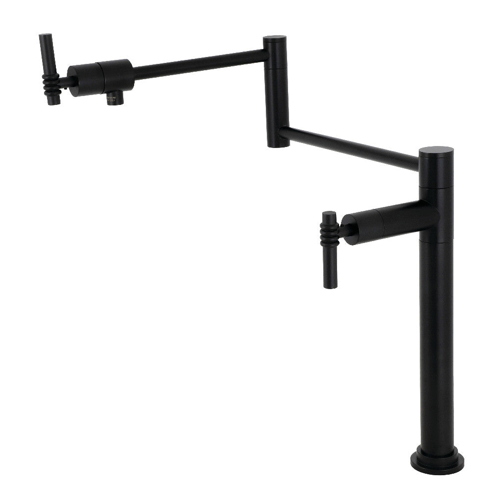 Kingston Brass KS4703ML Milano Deck Mount Pot Filler Faucet, Antique Brass with a matte black finish.