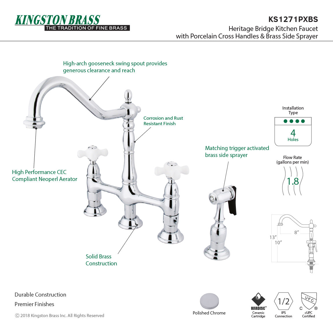 Kingston Brass Heritage Bridge Kitchen Faucet with Brass Sprayer and Cross Handles in Polished Chrome featuring cross handles and side sprayer.